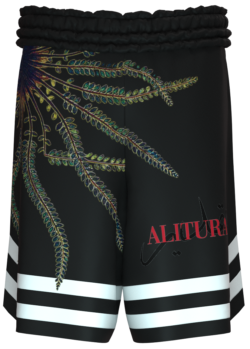 Black mesh shorts with vines printed